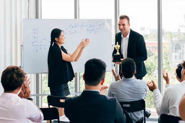 Awards can be a visible way of showing appreciation, especially if employees are allowed to keep the trinkets at their workstation. 