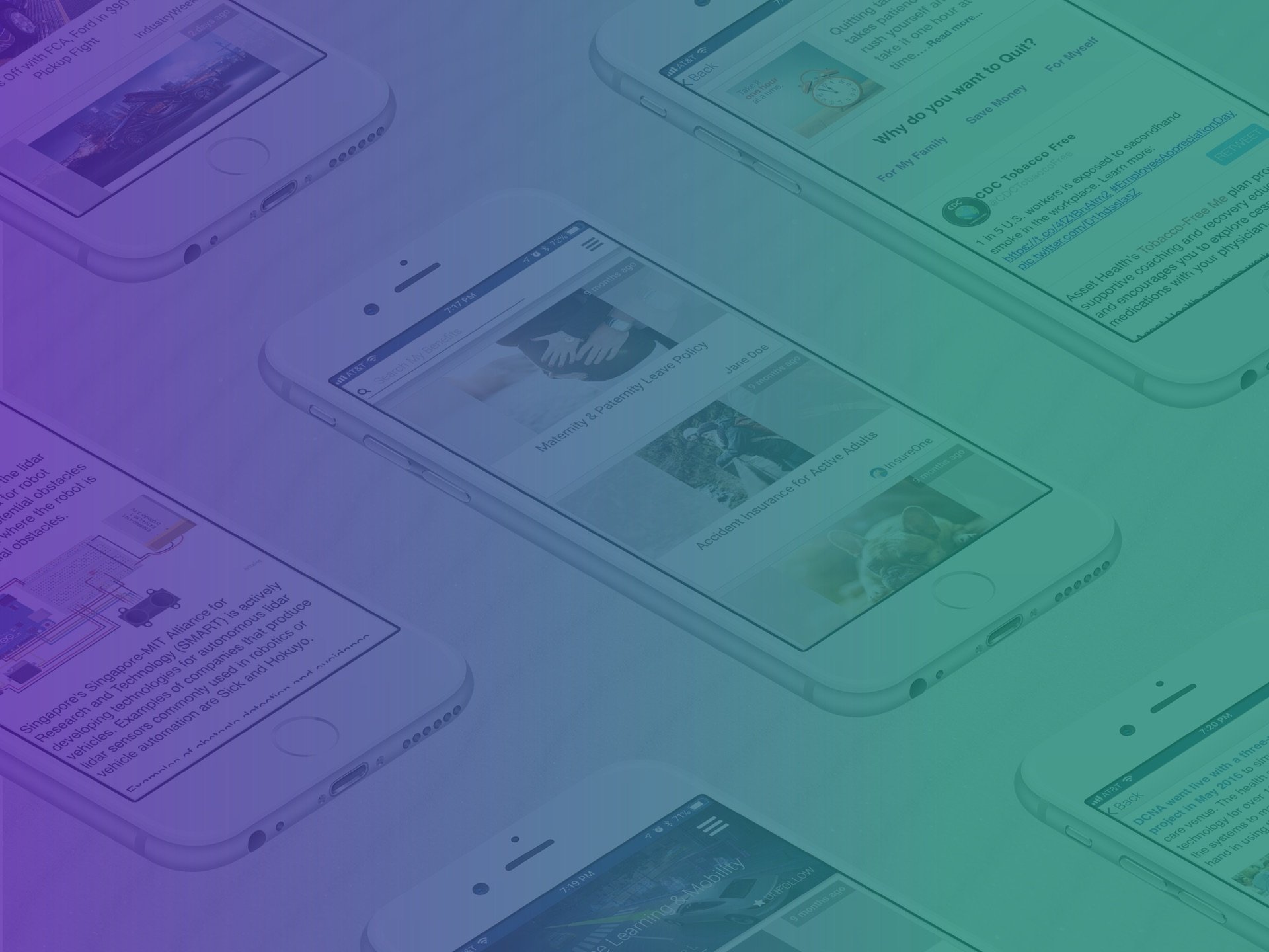 Pictures of mobile applications for employee benefits, company news and technology reports.